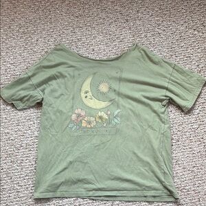 Green Graphic Tee with Moon and Flowers